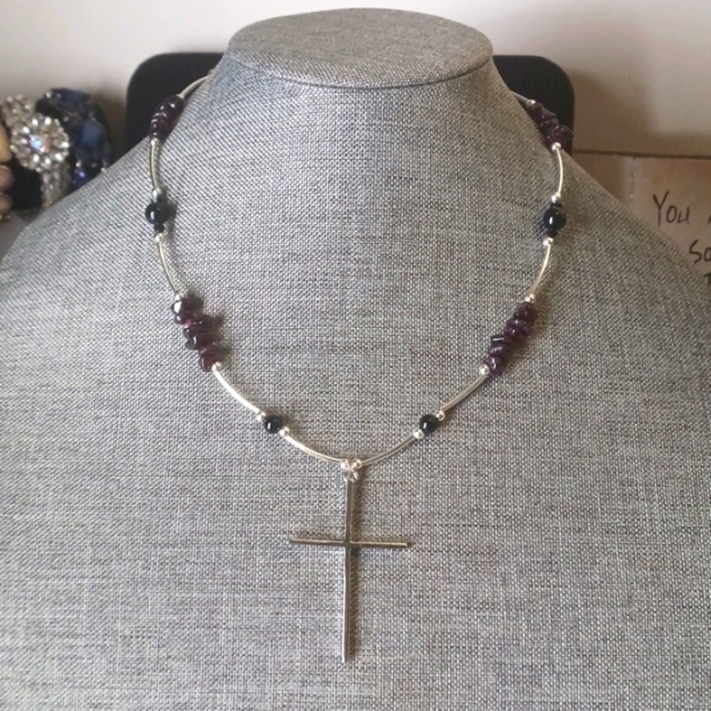 Sleek Cross Necklace w/ Garnets and Black Agate Goth - New Item (18"-21")